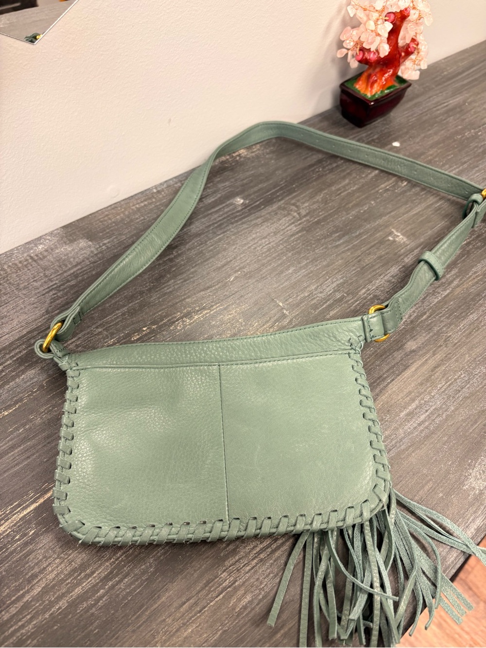HOBO Small Green Leather Crossbody with Tassel and Front Zip Bag - Picture 3 of 8